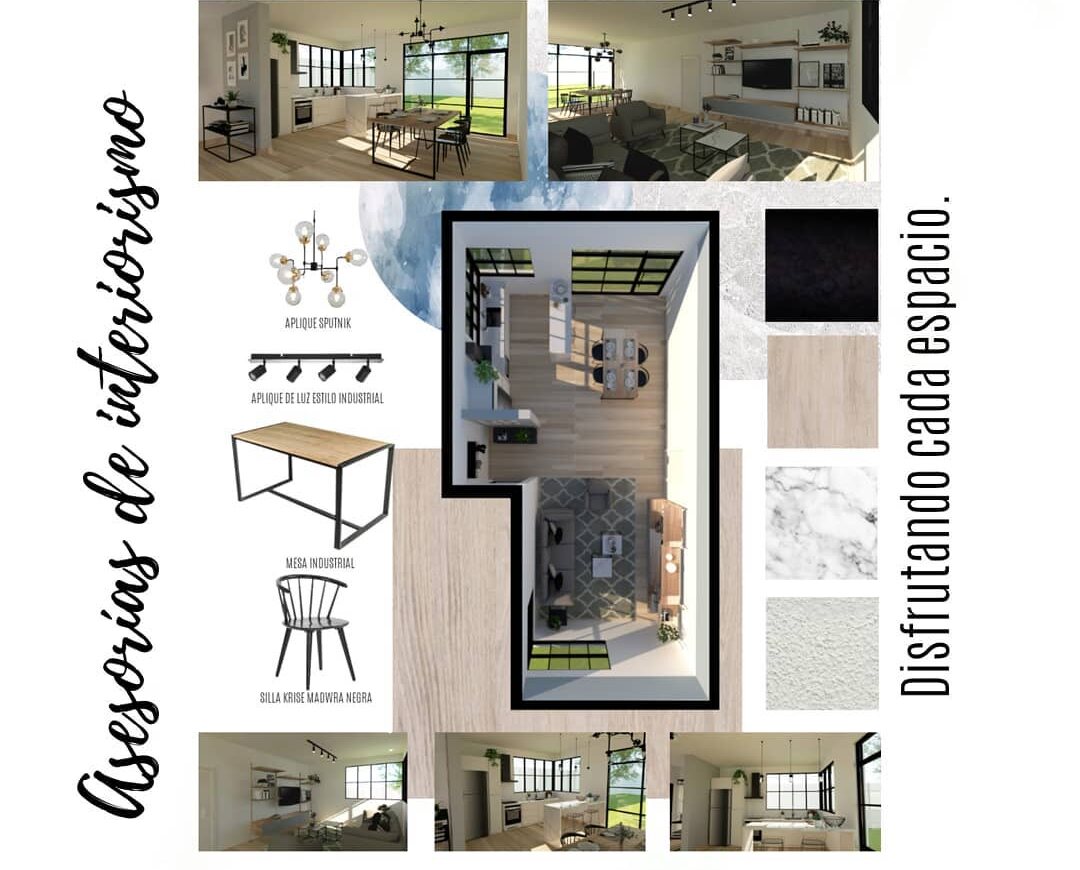 Lámina de asesoría de interiorismo de Estudio Sur: planta con mobiliario, renders, luminarias y muestras de materiales