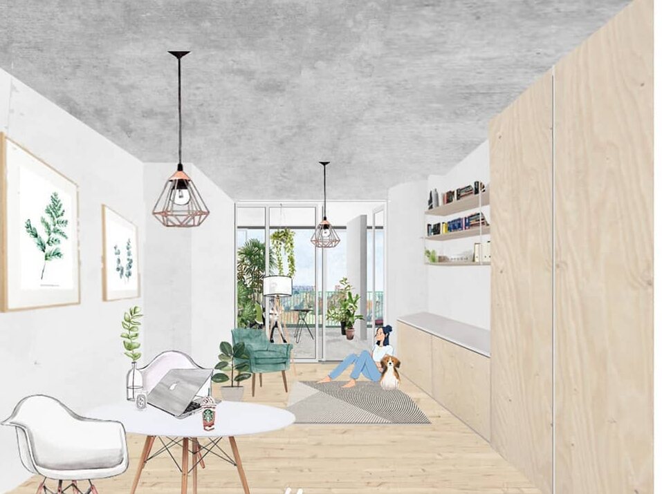 Living-comedor: collage de propuesta de interiorismo de Estudio Sur